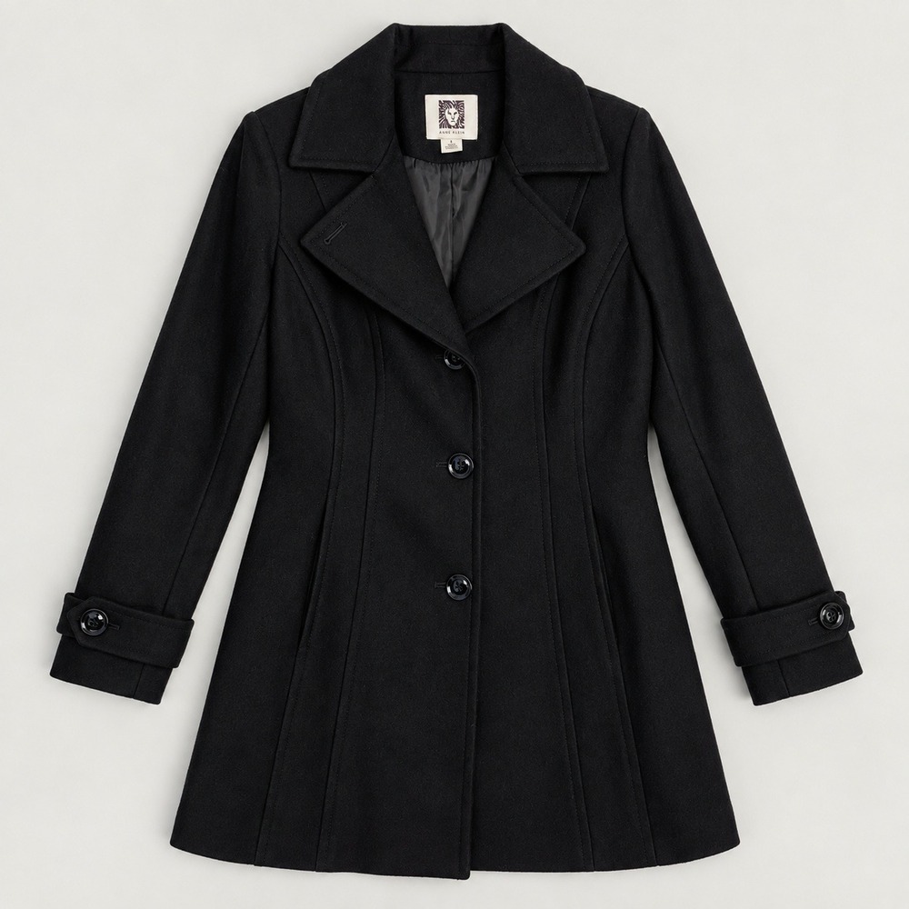 Anne Klein Pea Coat Size S Black Wool Blend Button Front Mid Length Jacket
